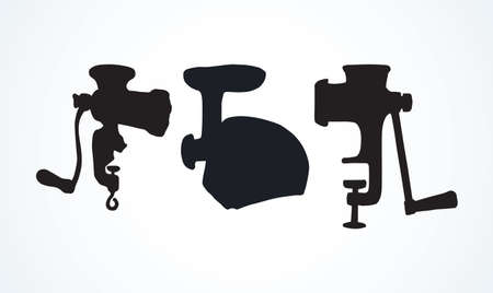 Power meat grinder on light backdrop. Dark ink hand drawn culinary object device  pictogram emblem in antique art engrave etch print style pen on paper. Close up view on space for textのイラスト素材