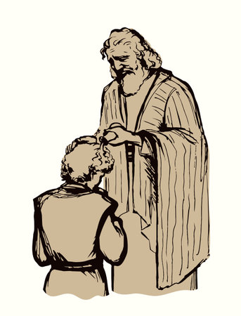 Holy jew senior elder father hold arm hair ask god power cure ill sick male guy son face rite lay pour ordain vow choose kneel young age boy Saul royal church faith human leader ruler Jesus vector artのイラスト素材