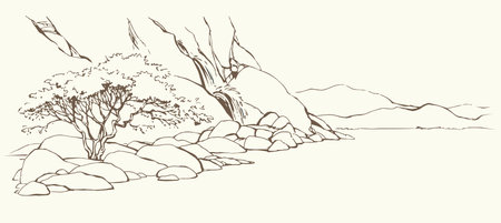 East arab biblic line old african crack crag canyon mount cliff break slope lush shrub scenic white sky text space view. Outline black ink pen hand drawn hot asian scene retro cartoon art doddle styleのイラスト素材