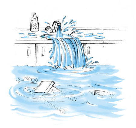 Bad pipe handle knob watertap wet watery pour cold dirty fall fill drown result full wash swim dish care dirt aid case. Comic flat black hand drawn blue pen cartoon help save clean art white sign iconの写真素材