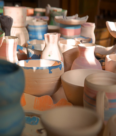 Closeup view holy rural bible god retro empty wine water tea eat cook ewer bottle ware white text space. Rustic mud food oil urn pan make shop object still life biblic artist skill symbol style designの写真素材