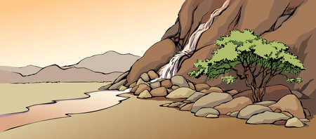 East arab biblic line old african crack crag canyon mount cliff break slope creek fall flow lush shrub scenic sky text space view. outline black hand drawn asian scene retro cartoon art doddle styleのイラスト素材