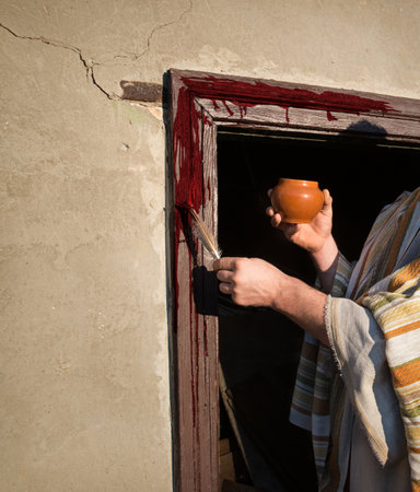 Holy old age jew pray Christ law human rabbi guy hold kill lamb put korban arabian slave go hut eat sign. East egyptian land frame place arab prayer islam story prophet robe holiday angel cloth armの写真素材