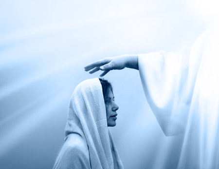 Holy bless young saint human virgin mother ask male Lord king hold lie arm above jew lady face cure ill sick old retro white light Arab veil cloth. Close up joy glory biblic gospel vow hope love careの写真素材