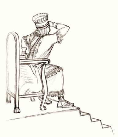Middle east old age past jew golden cloth noble royal male Zeus stare watch far away see search panic scare arm Syria iraq lord Cyrus chair seat. Hand drawn rage Iran Darius retro biblic god art storyの写真素材