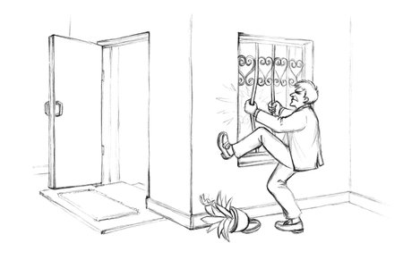 Evil fool danger strong adult old age male guy go look strong arm hit iron office hold bar cage. Comic hand drawn cartoon humor graphic art sketch seek view hard rob goal stress obstacle strength wayの写真素材