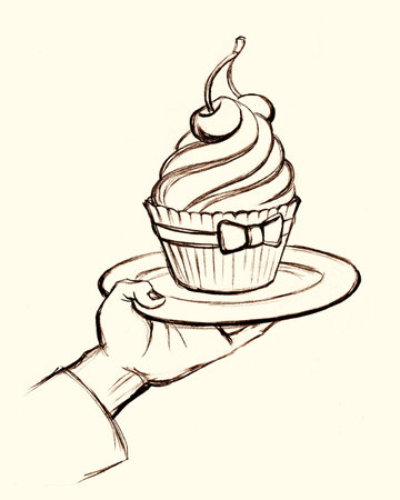 Black pencil drawn human lady girl arm buy bow whip wed holiday fruit bake candy tart gift shop. Happy female kid child like sale man take junk snack retro sign icon symbol pen sketch art idea conceptの写真素材