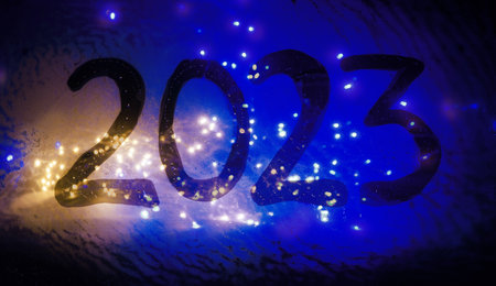 Closeup rainy freeze big view blue color hand draw glare dot merry xmas party greet card de focus art soft time shape. Cold frost rain city street car drawn eve fog spark flare flash text space letterの写真素材