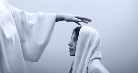 Close up old age holy jew male apostl father Lord hold arm abov give oil cure ill sick white rite...