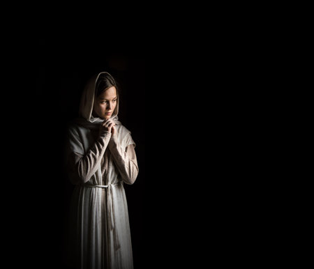 Lone retro pious rural veil dress cloth young adult arab jew slave maid sad face poor lady look...