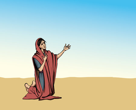 Antiqu holy veil shawl lone worry grief sad kneel jew tramp Hagar lady cry ask beg help hope Lord Jesus Christ desert sky. Hand drawn alone old age ill die sick saudi arab widow islam faith art sketchのイラスト素材