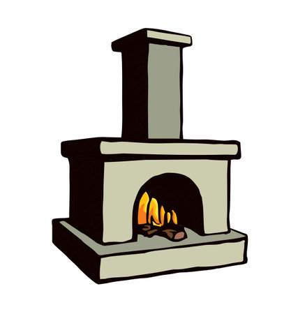 Closeup view line age stone brick clay fiery white house room text space. Outline black pen hand drawn folk ethnic Russia wooden log hot bread eat logo icon sign emblem art doodle cartoon style designのイラスト素材