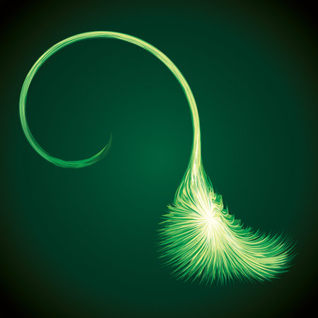 Bright white circular midpoint drawing wave flame shape art design. Fuzzy magic laser sphere shape in modern creative fur line style. Lime color power sun boom ball symbol on dark night space for textのイラスト素材