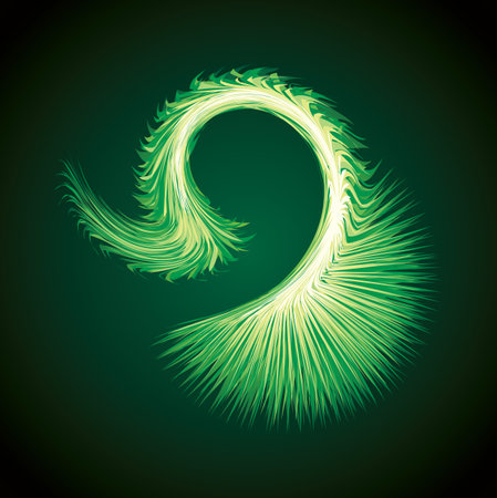 Bright white circular midpoint drawing wave flame shape art design. Fuzzy magic laser sphere shape in modern creative fur line style. Lime color power sun boom ball symbol on dark night space for textのイラスト素材