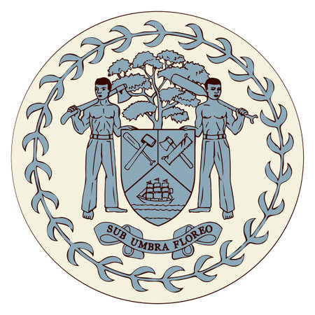 Closeup south world heraldic land city liberty pride glory day war unity man tree round shape view white sky text space. Hand drawn black line web art circle official peace labor unit shield seal setのイラスト素材