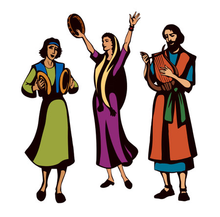 Old rural bible east Purim party joy young jewish female girl human friend god. Arab jew male guy dancer hand string arm folk band hit loud timbrel praise biblic Israel worship retro cartoon art styleのイラスト素材