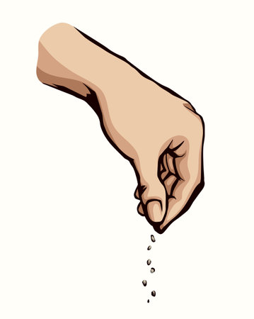 Close up view Raise female palm catch pick grip keep crumb give small corn powder white spring farm sky text space. Outline black pen drawn pour spicy logo emblem concept retro line cartoon art styleのイラスト素材