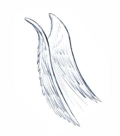 Saint holy big flying male seraph cherub fairy man mythic hero light sky. Dark black ink pen outline hand drawn old crow power woman spirit shape retro myth sign icon line god art cartoon style designの写真素材