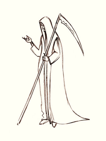 Hand drawn old cruel face body angel haunt bad mortal belief soul spirit crisis road path end stop god faith. Despair skull grave stress go walk sin way tempt cartoon bible sketch art style icon signの写真素材