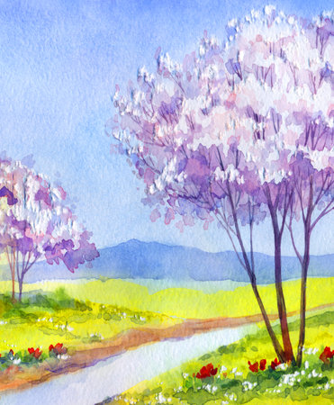 Artist light bright red color paint sketch fog haze mist apple farm travel scene paper text space. Hand drawn lush fresh floral lilac bush calm creek wild valley path trail rural scenic view artworkの写真素材