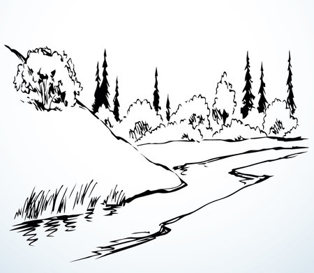 Old mount outline dark black ink pen hand drawn fall dale slope travel even road path way oak shrub scene picture retro art paper style Artist pencil line shore beach reed text space artwork backdropのイラスト素材