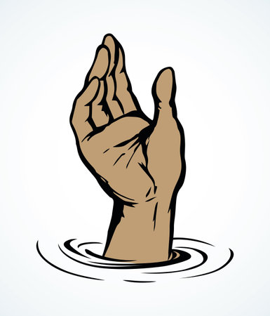 Loose educate charity work action on white sky space for text. Line black ink pen drawn fun summer male drowner body wrist idea sketch in retro art doodle engraved cartoon vector style. close-up viewのイラスト素材