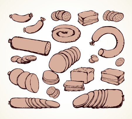 Dry fat pig leg jerky ribeye cured snack slice on white backdrop. Line red hand drawn natural cut lamb rib belly brisket filet bread deli shop grocery lunch menu sign icon logo as retro cartoon sketchのイラスト素材