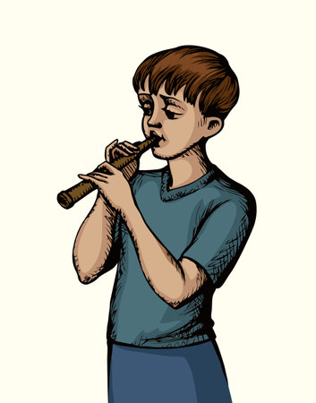 Young happy joy rural small male guy face stand fun arm hobby cute loud horn audio solo pray. Black pen hand drawn art old retro cartoon sketch style little human girl youth relax bible nation artistのイラスト素材