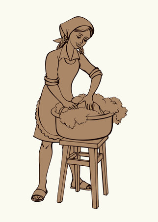 Young smile teen lady kid hold wet clear liquid fun house wife garden job old retro histor outline sketch art. Black line ink drawn cute funny joy pure clean toy dress scarf body white home text spaceのイラスト素材