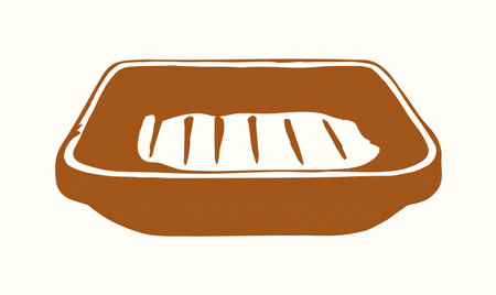 Close up view big curv wet cup tub pan dish light paper text space backdrop. Black color ink pen hand drawn simple food feed dog pet foam bar spa emblem old retro doodle line art style designのイラスト素材