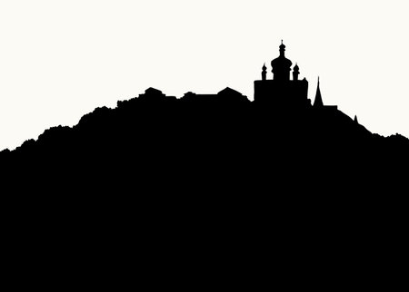 History age autumn fall st square place chapel belfry dome s roof scenic view white sky text space. Outline black ink pen hand drawn spring hill saint center road way scene doodl line art style symbolのイラスト素材