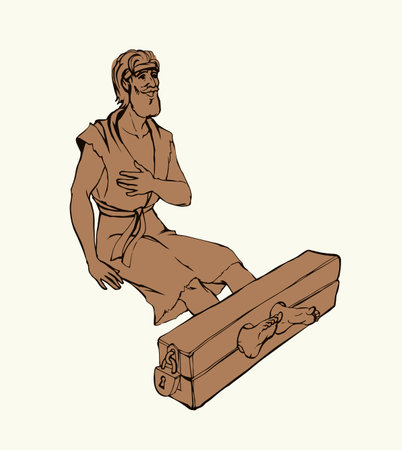 Holy bless saint god Jesus jew torn dress cloth sit roman law pain foot pillory stock wooden bar bind ban cell scene. Hand draw dark black beaten male Jewish human age catholic retro vector art sketchのイラスト素材