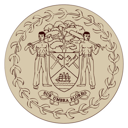 Closeup south world heraldic land city liberty pride glory day war unity man tree round shape view white sky text space. Hand drawn black line web art circle official peace labor unit shield seal setのイラスト素材