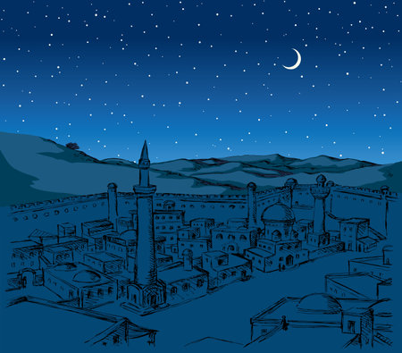 Retro past bible middl jew orient Africa egypt country urban fort desert hill valley scene even star view. Hand draw Iran Iraq Oman Turkey Persia square tower travel dark black line biblic art vectorのイラスト素材