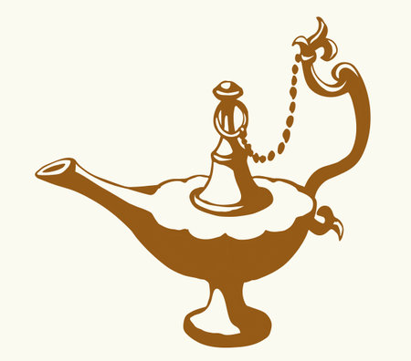 Closeup aged classic clay blow camp kerosene bottle on white table text space. Outline black ink hand drawn golden holy fairy myth magic alladin dream pray sign design art biblical cartoon styleのイラスト素材