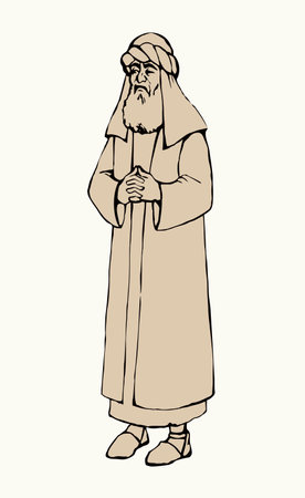 Holy saint jew god age male human trade law lord cloth head hat icon sign. Hand drawn black line Iraq church court evil sly high chief leader minister face judge Jesus Christ retro cartoon sketch artのイラスト素材