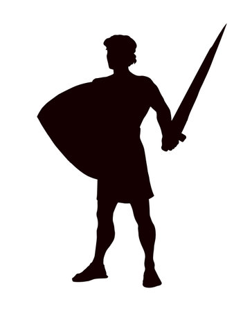 Brave young male greec king rome armor body stand black outline hand drawn past strong jew human sign icon. Jewish hero blade force conflict retro biblic age Israel god victory art line white skyのイラスト素材