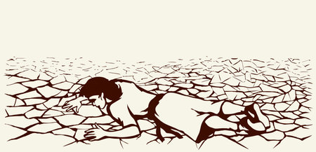 Young faint sick fall tired crawl sad jew male teen kid boy guy Ishmael body cry biblic god. Hand drawn hot sun dirty sand land old dirt mud soil stress warm heat victim arab girl muslim islam artのイラスト素材