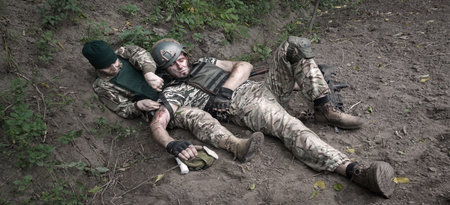 USA tactic nato force guard troop team health shock stress bleed pain suffer male guy officer gun shot arm care danger life fight fall field. Human cry girl friend aid kill die death broken bone heroの写真素材