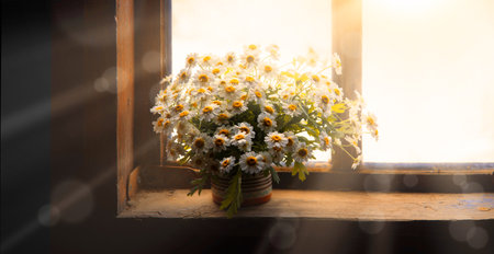 Close up view jug jar lush plant bud green bush foliage glass text space card. Beauty home room bright color even art herb still life love symbol concept dark black desk table board sill sun light skyの写真素材