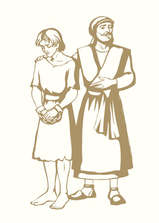 Old age Arab guard worker buyer arm caught hold mock sad face sold trap betrayal young despair male boy white market jail punish scene. Middle east girl work retro God art dark black sketch drawn storyのイラスト素材