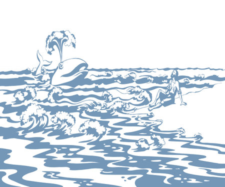 Old lone 1 jew male guy hope save life swim wild giant big marine beast open jaw mouth help israel human alive symbol. Retro pray jewish god biblic miracl story cartoon hand drawn sketch art white skyのイラスト素材
