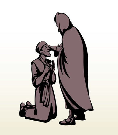 Closeup holy saint age jew sacred messiah Lord judge forgive guy head face take arm beg ask hope love cure ill eye ear white life scene. Line black drawn church gospel story retro catholic art sketchのイラスト素材