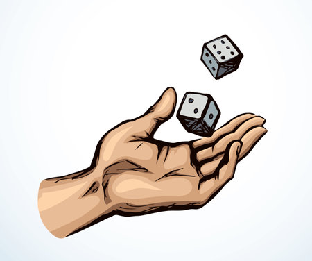 Close up view old age male palm arm hold show pitch flip true faith 2 Sin bet six dot line icon white sky text space. Outline black ink drawn fate risk die best fun case idea ask god retro vintage art sketchのイラスト素材