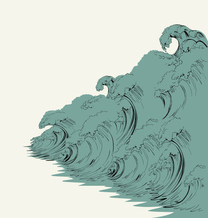 Summer curve swirl blue drop flow scenic element view. Light gray sky text space backdrop. Bright teal cyan color hand drawn old death crash destroy scene emblem sign retro art comic style designのイラスト素材