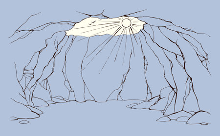 Line hand drawn old deep big dirty earth rocky soil den wall dig coal dirt cliff gap grot prison collapse work place. Large ruin lost climb life white light fall scene sketch art retro vintage styleのイラスト素材