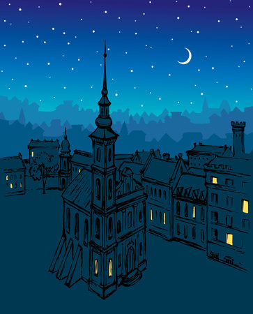 France Italy age UK England place belfry spire dome roof tree scenic view blue even star moon text space. Big black hand drawn Poland German center road way scene gothic Czech Italian art style sketchのイラスト素材