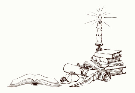 Grunge age worn holy jewish psalm teach pray open torah law page table diary blank novel card text space. Black line ink quill pen hand drawn biblic god literary sign icon sketch art still life frameのイラスト素材