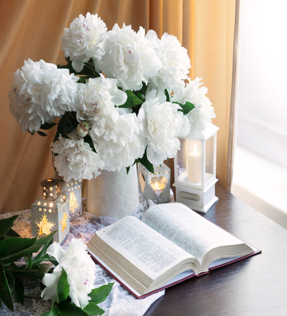 Ancient age jewish note wed love teach pray desk text space Holy new prayer god Jesus Christ gospel diary art lush summer rose flora bloom bud petal jar indoor home room curtain view still life symbolの写真素材