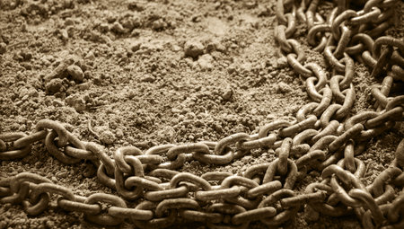 Rough grungy big solid hard gray ship team slave unit bond tie safe part pile dirt sand soil earth coast text space backdrop. Close up top macro view rustic age rural slavery restrict style unity signの写真素材